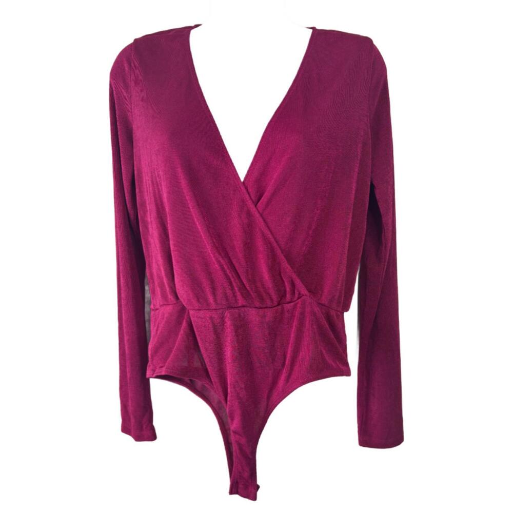 Lulu's Women's Sz L Hot Pink Shimmer Layerable Faux Wrap V-neck Blouse (1960)